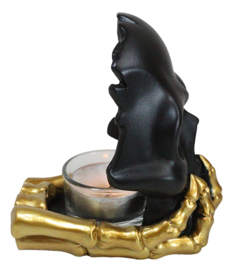 Black Phantom Skull Mask On Gold Skeleton Hand Votive Tea Light Candle Holder