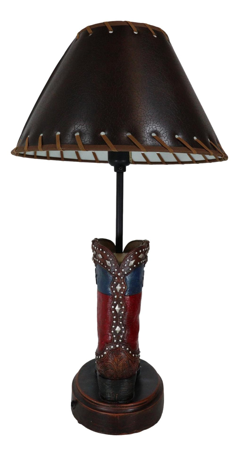 Western Floral Tooled Leather Texas State Flag Cowboy Boot Desktop Table Lamp