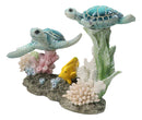 Marine Ocean Blue Sea Turtles Family With Yellow Fish And Coral Reef Figurine