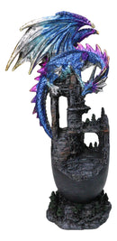 Medieval Blue Dragon Perching On Abandoned Castle Tower Ruins Figurine 12"H