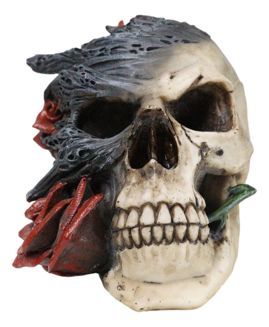 Day of The Dead Romantic Gothic Thorny Red Roses Two Faced Skull Figurine