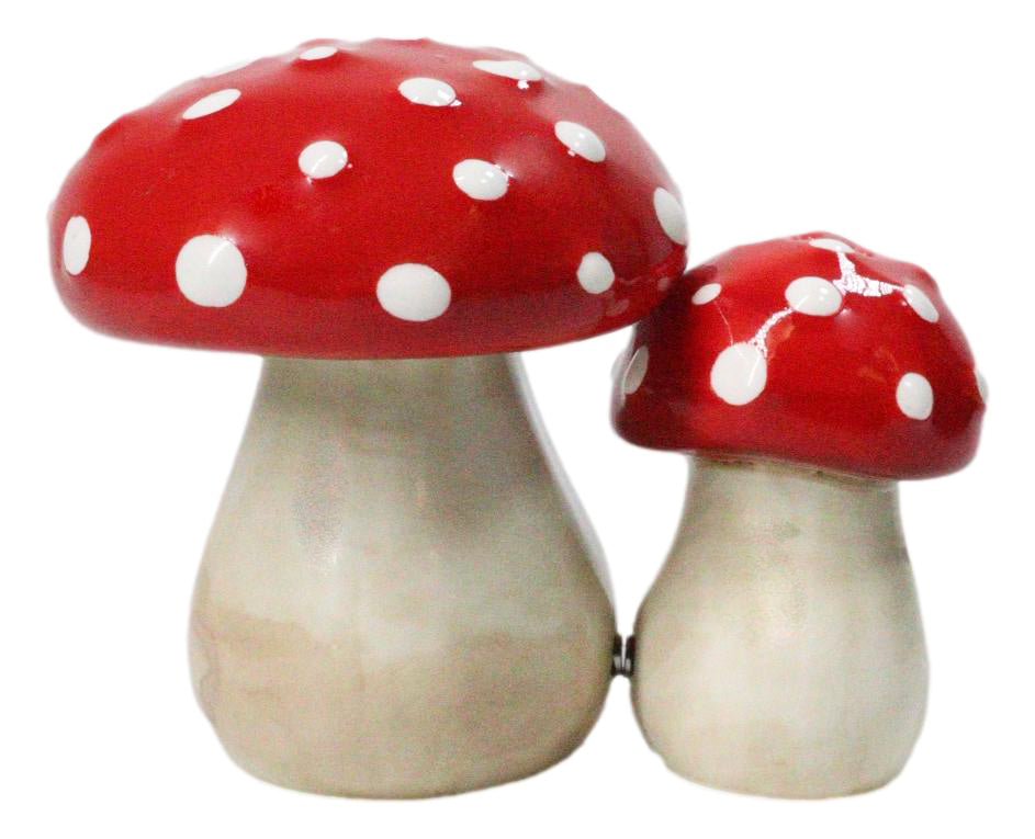 Bright Red White Polkadots Toadstool Mushrooms Pair Salt And Pepper Shakers