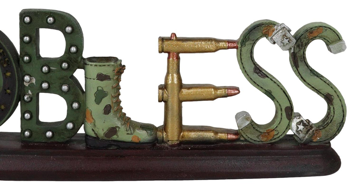 US Army Military Eagle Emblem Bullets And Camo Boots God Bless Word Art Plaque