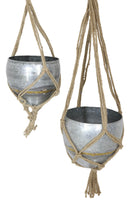 Set Of 2 Rustic Urban Farmhouse Roped Galvanized Metal Wall Hanging Pot Planters