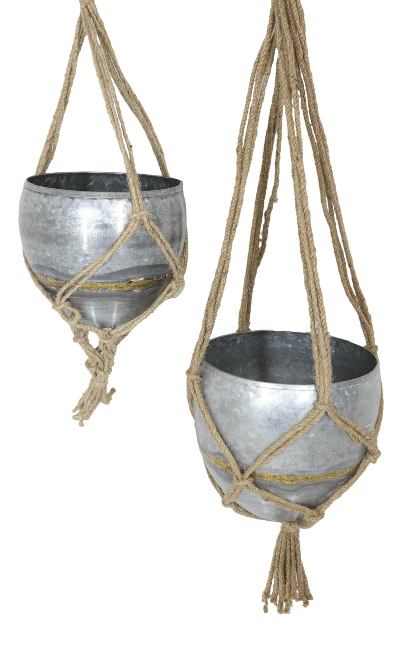 Set Of 2 Rustic Urban Farmhouse Roped Galvanized Metal Wall Hanging Pot Planters