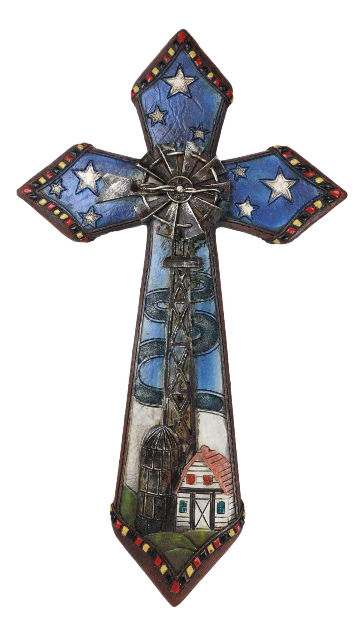 Rustic Country Windmill By Cottage Barn Home With Starry Night Skies Wall Cross