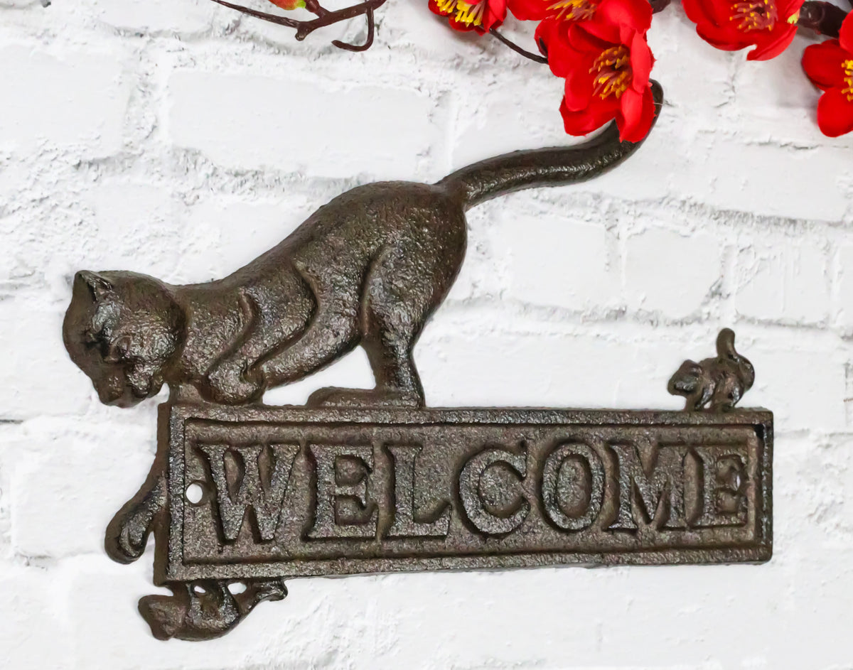 Cast Iron Whimsical Hungry Kitty Cat Chasing 2 Mice Wall Decor Welcome Sign