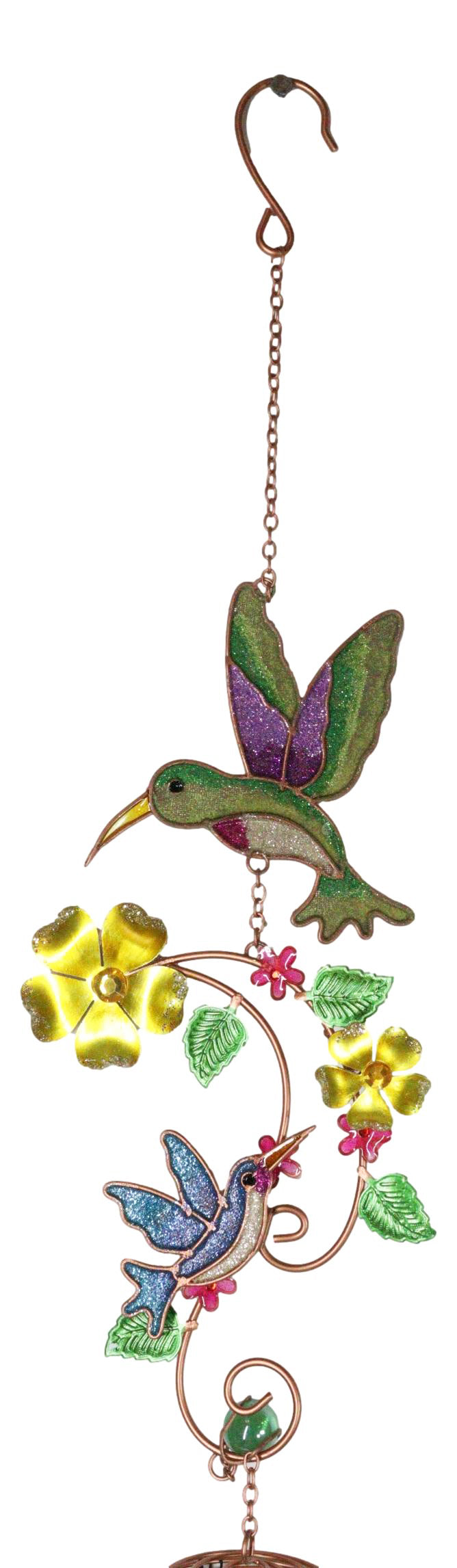 Hummingbirds Hovering Over Nectar Flowers Art Glass Gemstones Metal Wind Chime