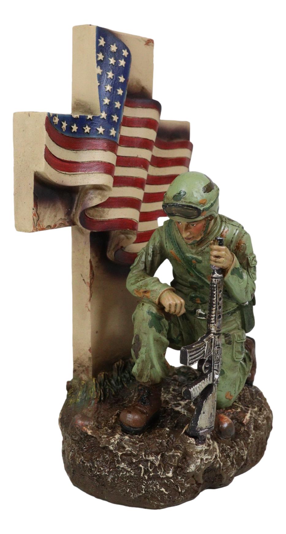 Military War Hero Soldier With Rifle By American Flag Cross Memorial Figurine