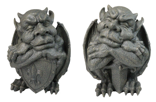Set of 2 Gothic Notre Dame Gargoyle Shield And Sword Bearer Chimera Figurines