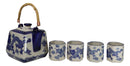 Heavenly Blue Oriental Ryu Dragon King Hexagonal Teapot With 4 Tea Cups Set