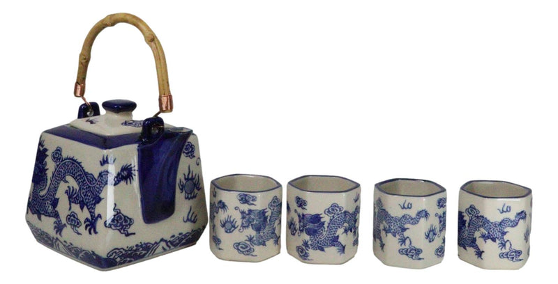 Heavenly Blue Oriental Ryu Dragon King Hexagonal Teapot With 4 Tea Cups Set