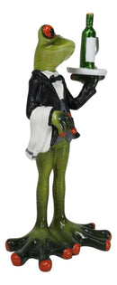 Green Toad Frog Silver Service Butler With Wine Glass And Bottle Figurine 7"H