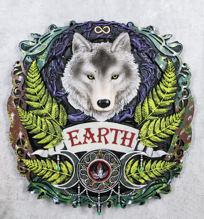 Elemental Earth Nation Gray Wolf With Leaf Ferns Triple Moon Symbol Wall Decor