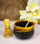 Brown Black Waterfall Ceramic Japanese Matcha Green Tea Bowl Whisk & Scoop Set