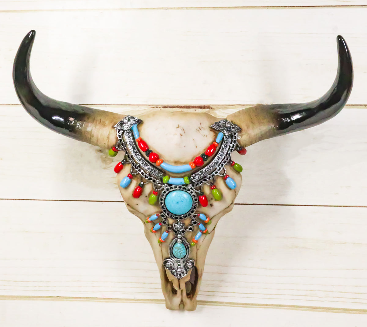 Southwestern Buffalo Cow Skull With Turquoise Silver Face Jewelry Wall Decor