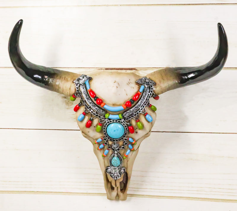 Southwestern Buffalo Cow Skull With Turquoise Silver Face Jewelry Wall Decor