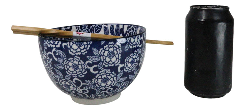 Blue Botanica Floral Blossoms 20Oz Donburi Ramen Soup Bowl With Chopsticks Set