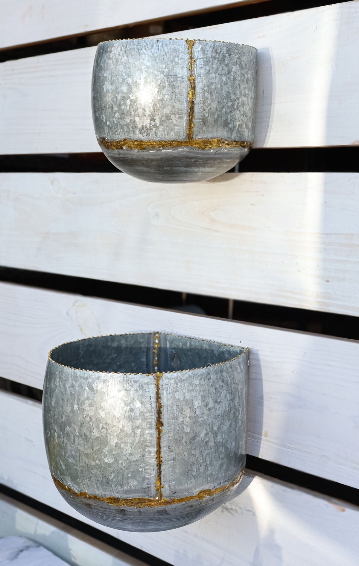 Farmhouse Rustic Galvanized Metal Silver with Gold Accent Wall Planters Set of 2