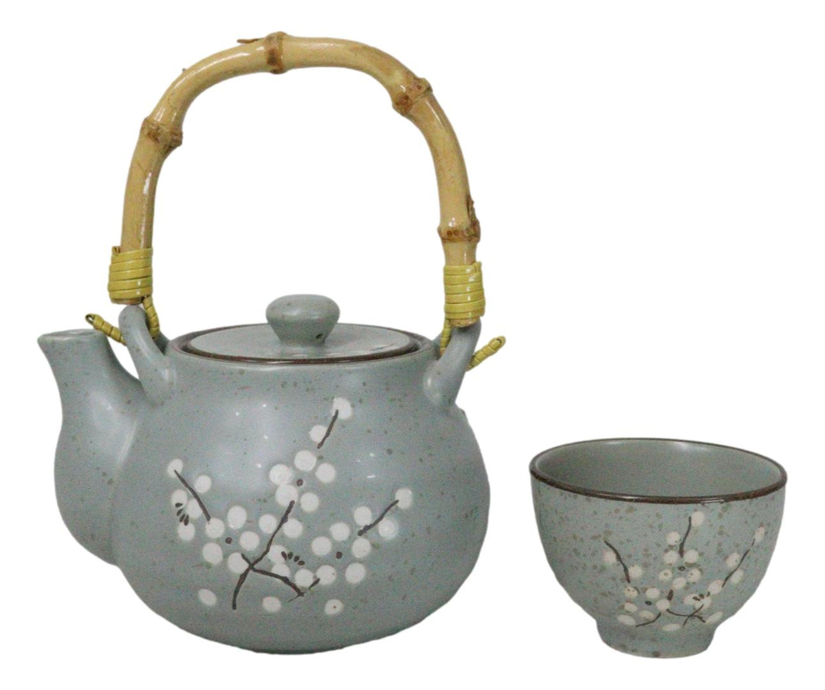 Japanese Sakura Pastel Ume Plum Cherry Blossom Traditional Teapot With Cups Set - Ebros Gift