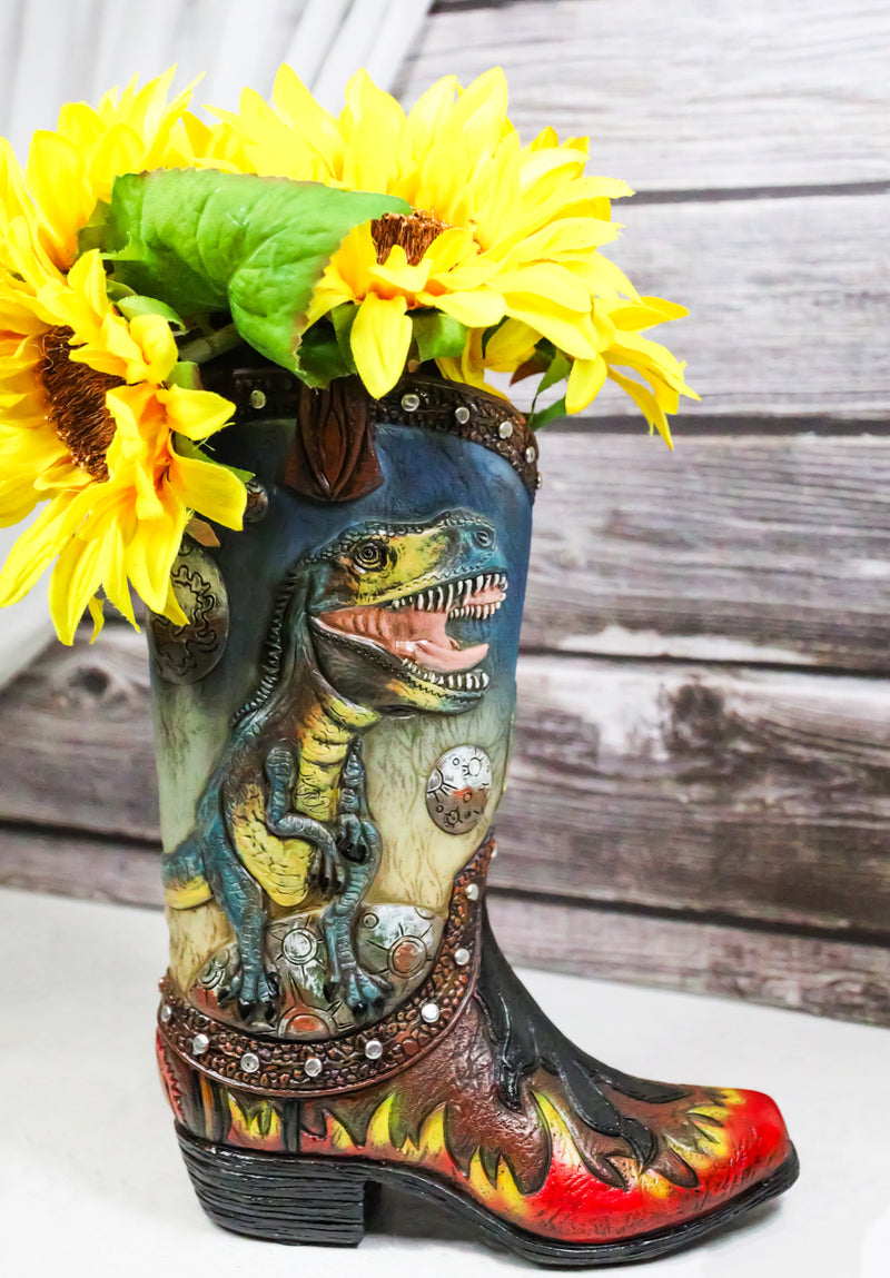 Western Prehistoric T-Rex Dinosaur With Volcano Faux Leather Cowboy Boot Vase