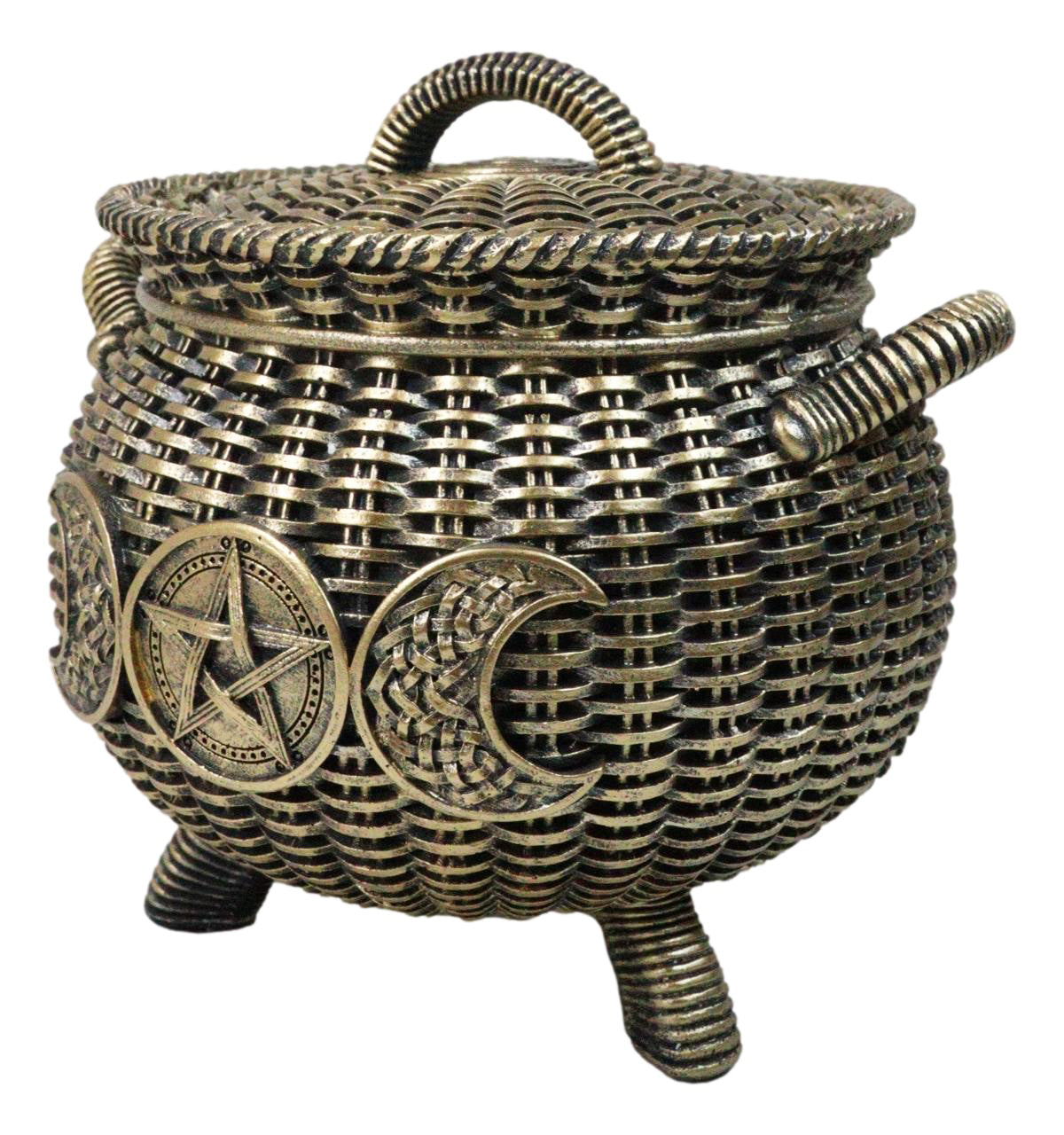 Wiccan Triple Moon Cauldron Pot In Wicker Finish Decorative Trinket Crystals Box - Ebros Gift