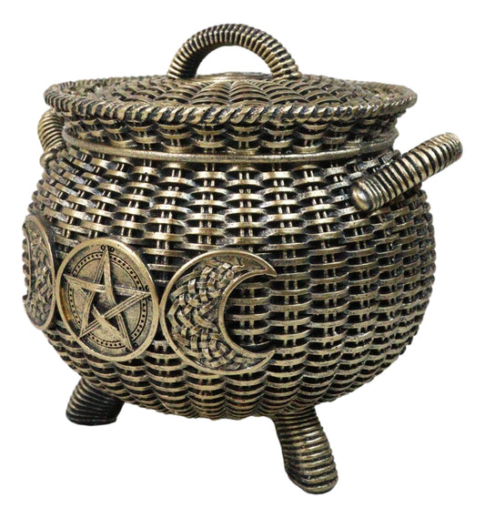 Wiccan Triple Moon Cauldron Pot In Wicker Finish Decorative Trinket Crystals Box - Ebros Gift