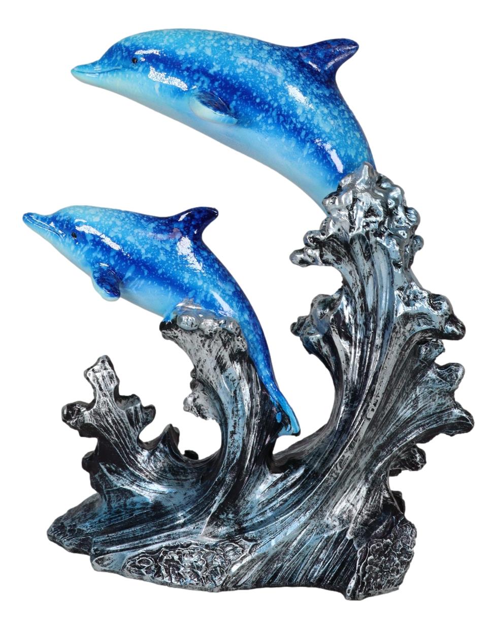 Nautical Marine Sea Ocean 2 Blue Dolphins Swimming Over Reef Waves Figurine - Ebros Gift