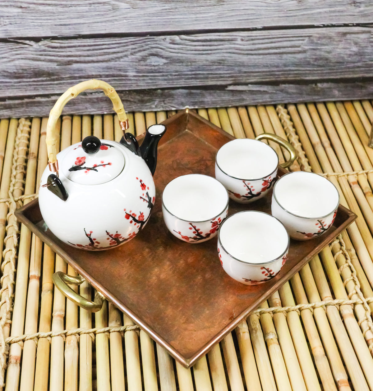 White Pink Sakura Cherry Blossoms Porcelain 30oz Teapot And 4 Tea Cups Set