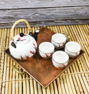 White Pink Sakura Cherry Blossoms Porcelain 30oz Teapot And 4 Tea Cups Set