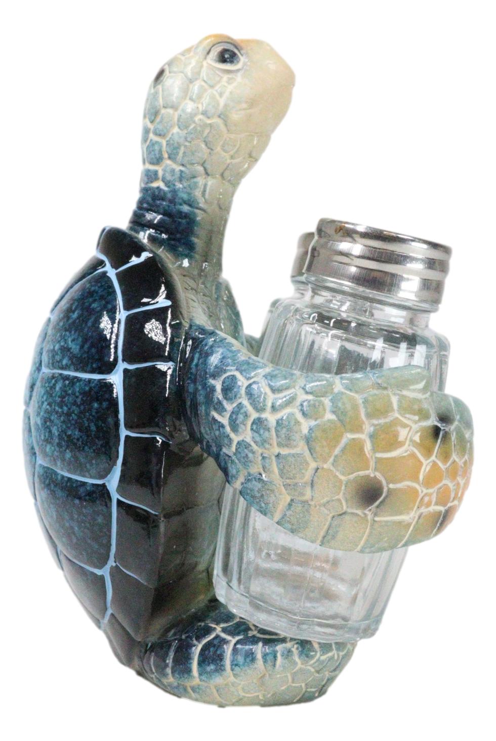 Nautical Marine Blue Giant Sea Turtle Hugging Salt And Pepper Shakers Holder Set - Ebros Gift