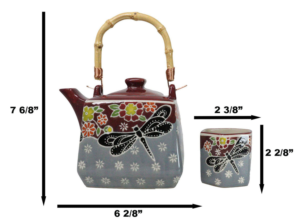 Maroon Grey Tombo Dragonfly With Flowers Hexagonal Teapot With 4 Tea Cups Set