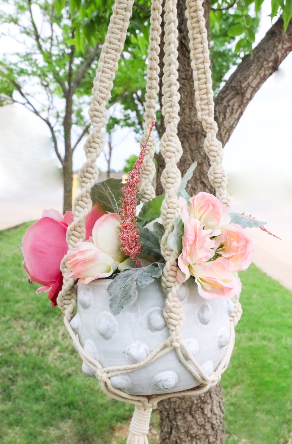 Hand Woven Cotton Rope Boho Chic Macrame Wall Hanger With Ceramic Planter Pot