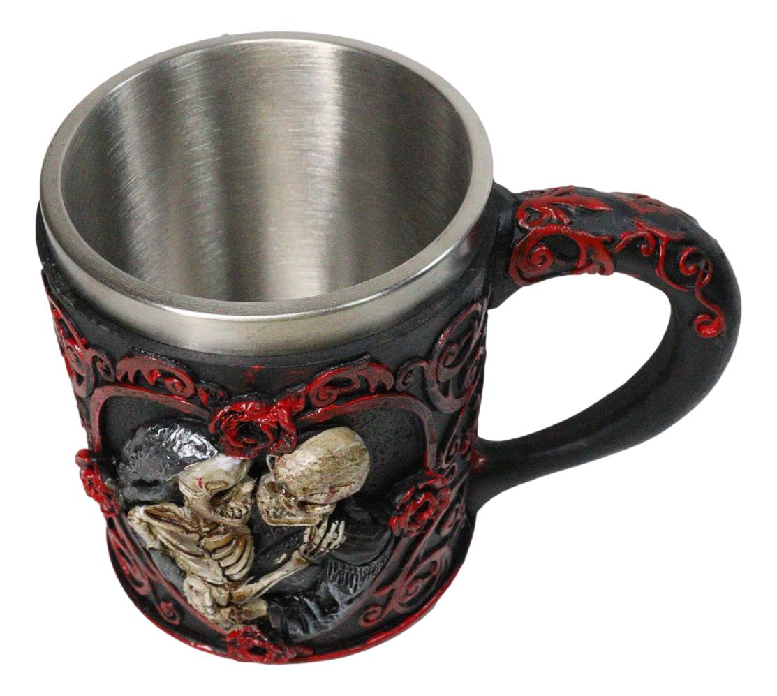 Red Rose Heart Motif Gothic Skeleton Couple Kissing Resin Coffee Cup Mug