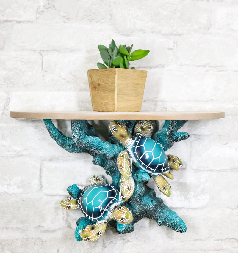 Marine Blue Sea Turtles Swimming by Ocean Corals Floating Wall Bracket Shelf