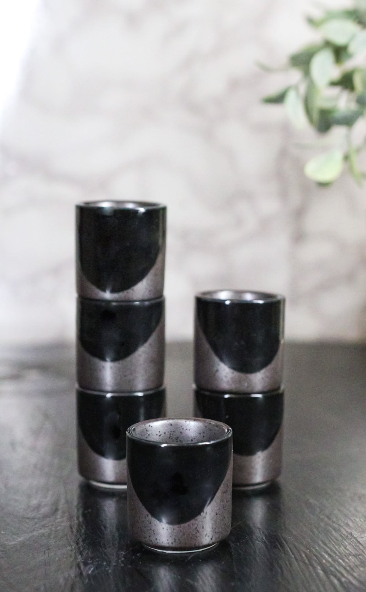 Set of 6 Black And Charcoal Gray Modern Porcelain 1.25oz Ochoko Yuzu Sake Cups