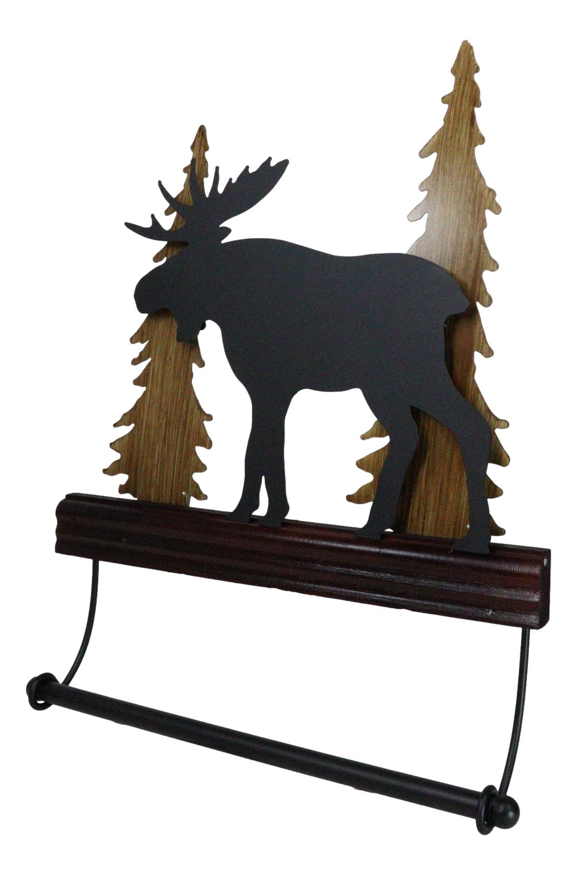 Rustic Western Elk Moose Deer by Pine Forest Wooden Wall Hand Towel Holder Bar