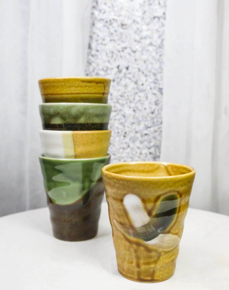 Abstract Art Tenmoku Glazed Ceramic 10oz Coffee Tea Cup Set of 5 Made In Japan