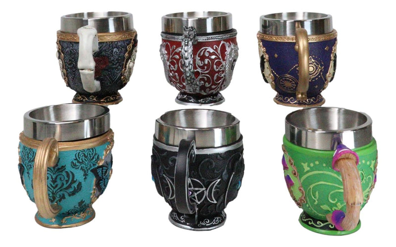 Set Of 6 Colorful Cameo Tarot Moth Skeletons Dragons Cat Magic Tea Cup Mugs