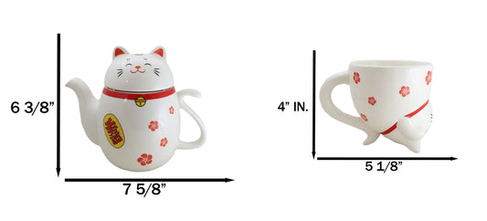 Japanese Maneki Neko Lucky Beckoning Cat Ceramic Tea Pot And 2 Teacup Mugs Set