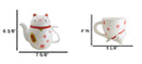 Japanese Maneki Neko Lucky Beckoning Cat Ceramic Tea Pot And 2 Teacup Mugs Set