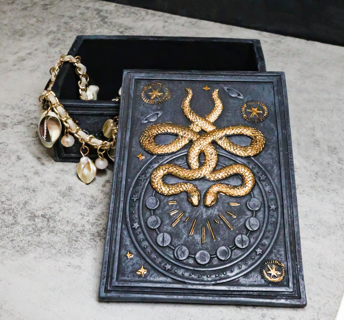 Wicca Occult Phases Of The Moon Celestial Astrology 2 Serpent Snakes Trinket Box
