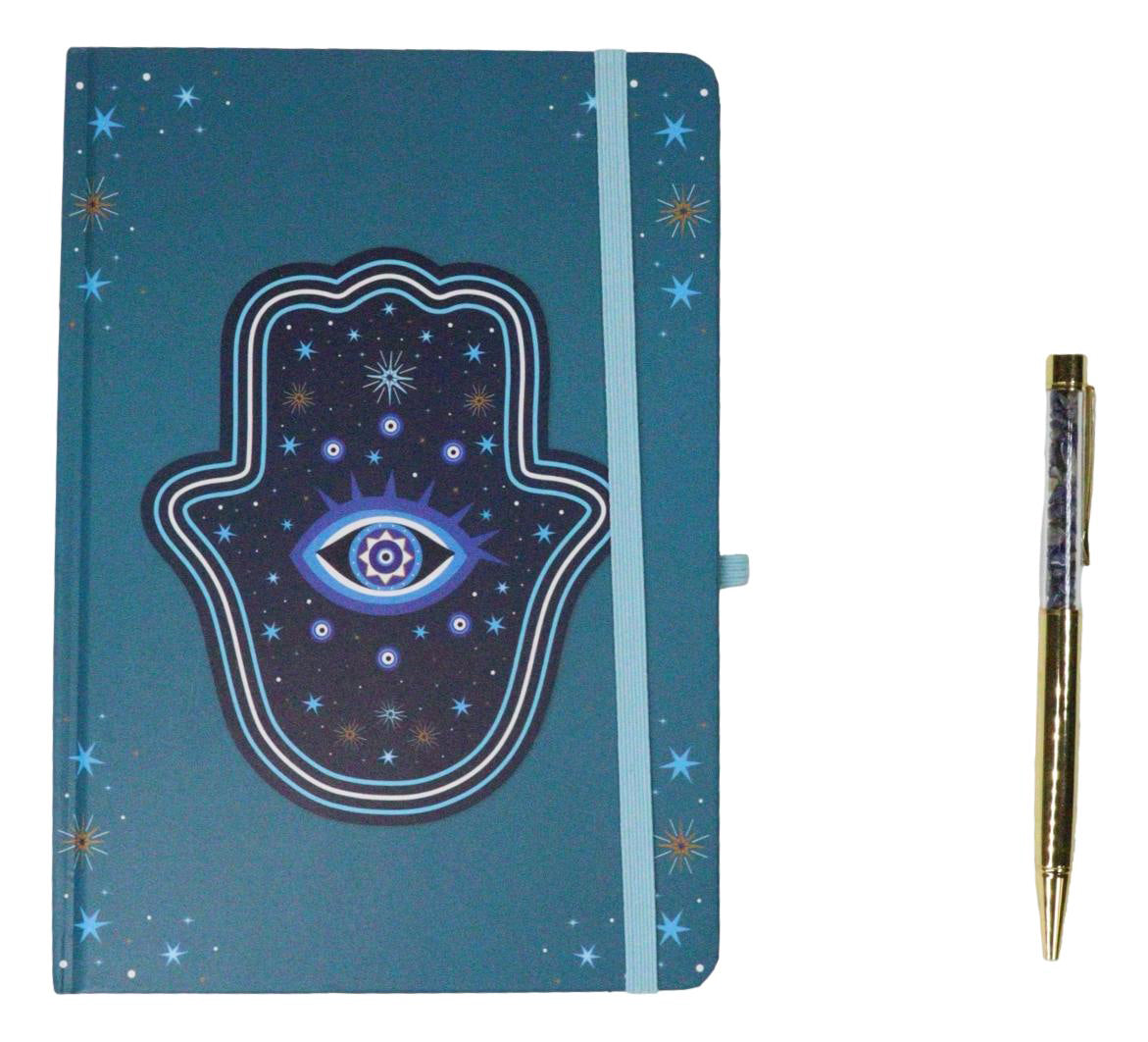 Ebros Gift Hand of Hamsa Evil Eye A5 Notebook Journal with Crystal Pen