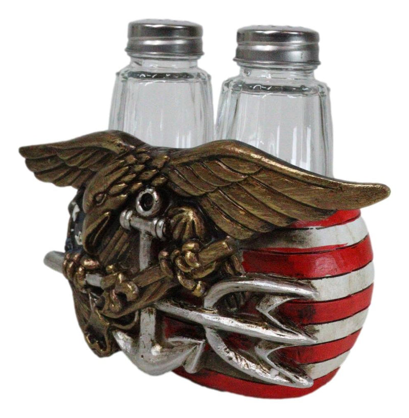 US Navy Sailor Eagle Anchor Trident Emblem And Flag Salt Pepper Shakers Holder