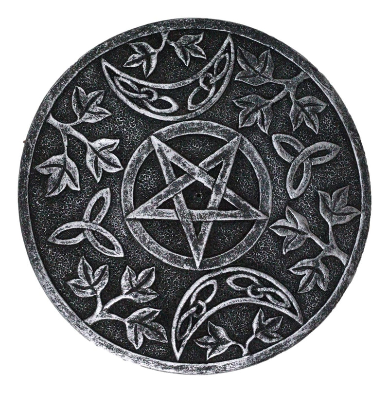 Wicca Triple Moon Triskele Goddess Pentagram Round Incense Holder Figurine