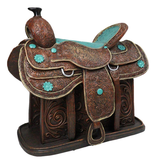 Western Saddle Centerpiece Figurine Faux Tooled Leather Turquoise Accents 13"L