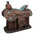Western Saddle Centerpiece Figurine Faux Tooled Leather Turquoise Accents 13"L