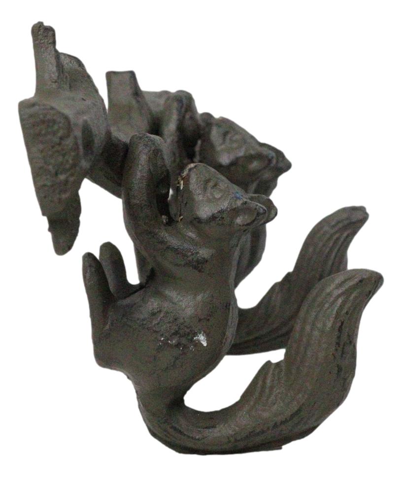 Rustic Country Cast Iron Squirrel On Tree Branch 4-Peg Wall Coat Hooks 13"L