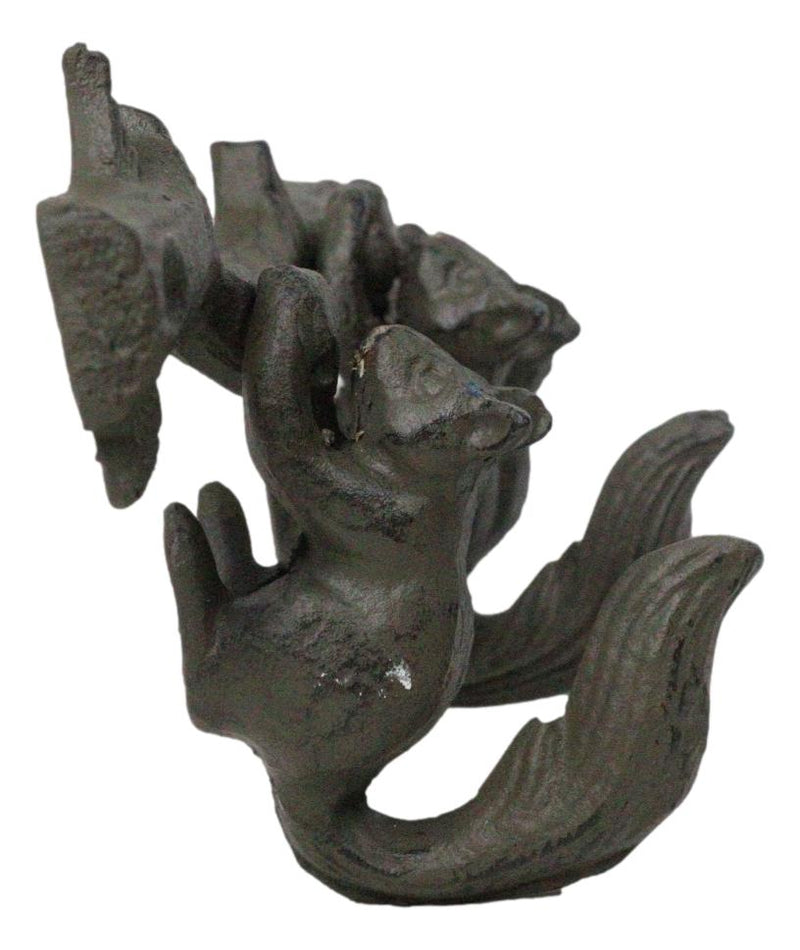 Rustic Country Cast Iron Squirrel On Tree Branch 4-Peg Wall Coat Hooks 13"L