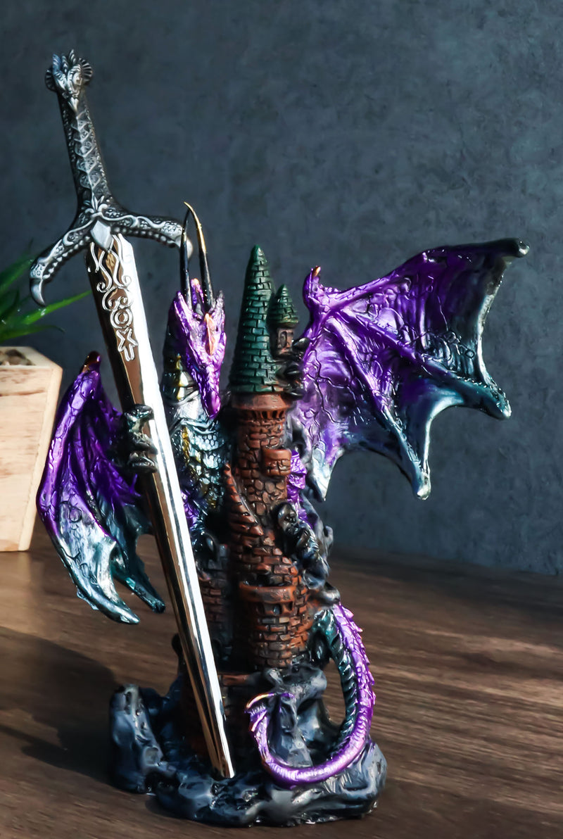 Purple Knight Dragon With Castle Tower And Gothic Sword Letter Opener Figurine